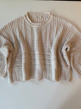 Altar'd State Cream Open-Knit Cropped Crewneck Sweater